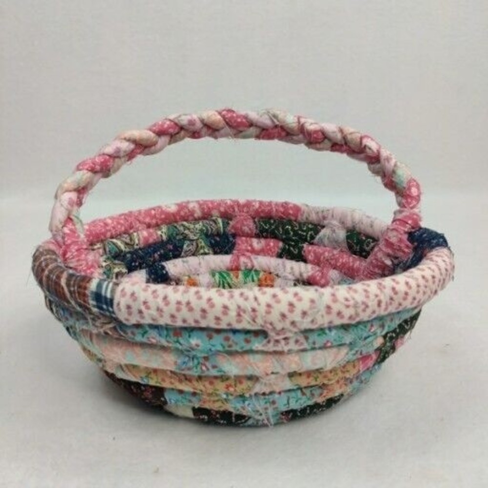 Lot Of 6 Vintage Handmade Fabric Rope Baskets Quilt Remnant Patterns BOJO - Picture 4 of 16